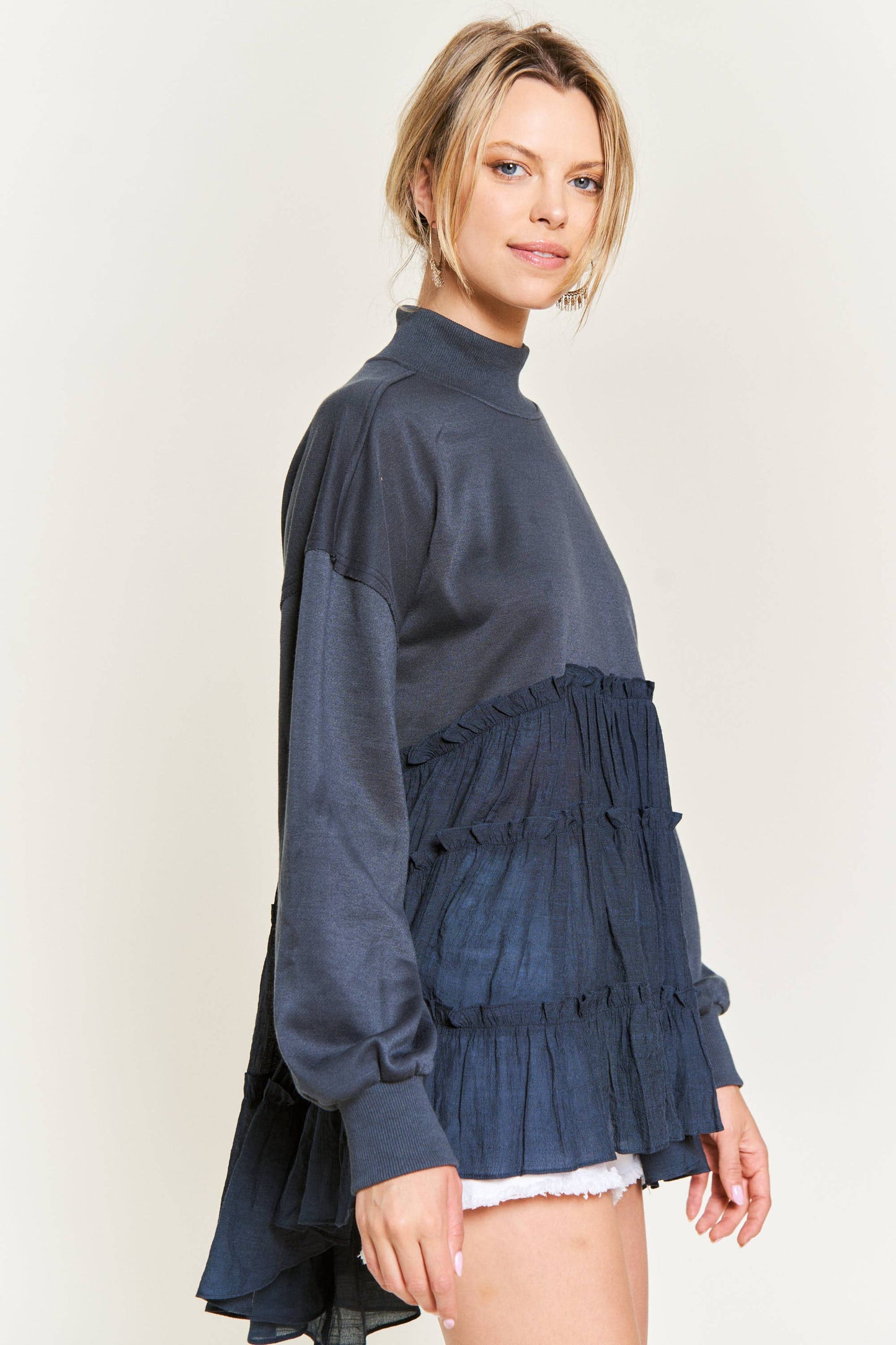 MOCK NECK TUNIC KNIT TOP JJT5007 (Plus available): CHARCOAL