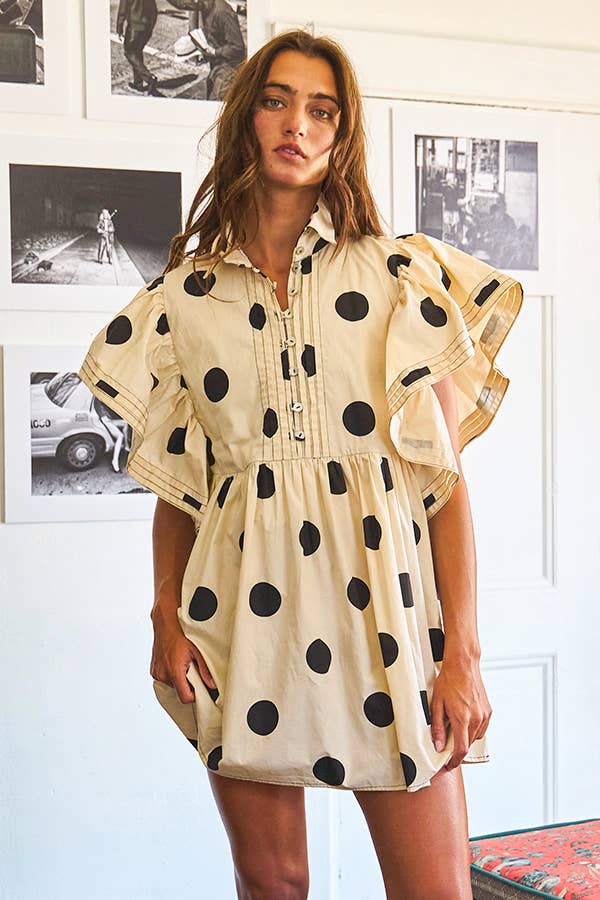 ID4283 Ruffle Sleeve Pintuck Detail Polka Dot Mini Dress: Taupe / S-M-L (2-2-2)