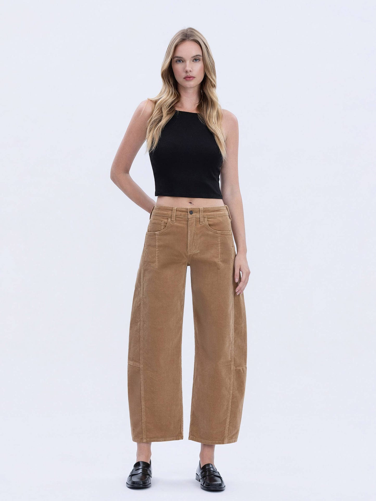 HIGH RISE SEAM DETAIL CORDUROY BARREL JEANS V3699CKK: KHAKI