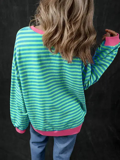 Trendy Oversized Striped Sweatshirt with Bold Trim: Red Stripe