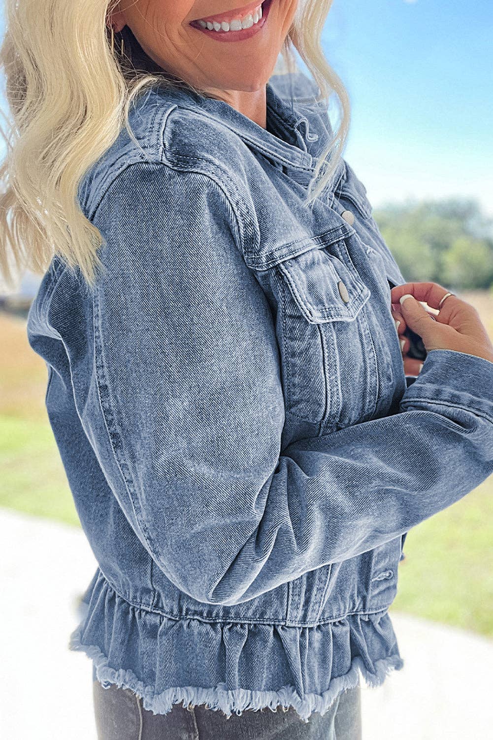 Beau Blue Ruffle Raw Hem Flap Pockets Denim Jacket: Beau Blue