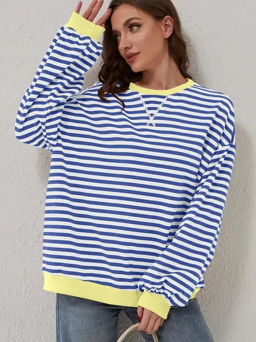 Trendy Oversized Striped Sweatshirt with Bold Trim: Red Stripe
