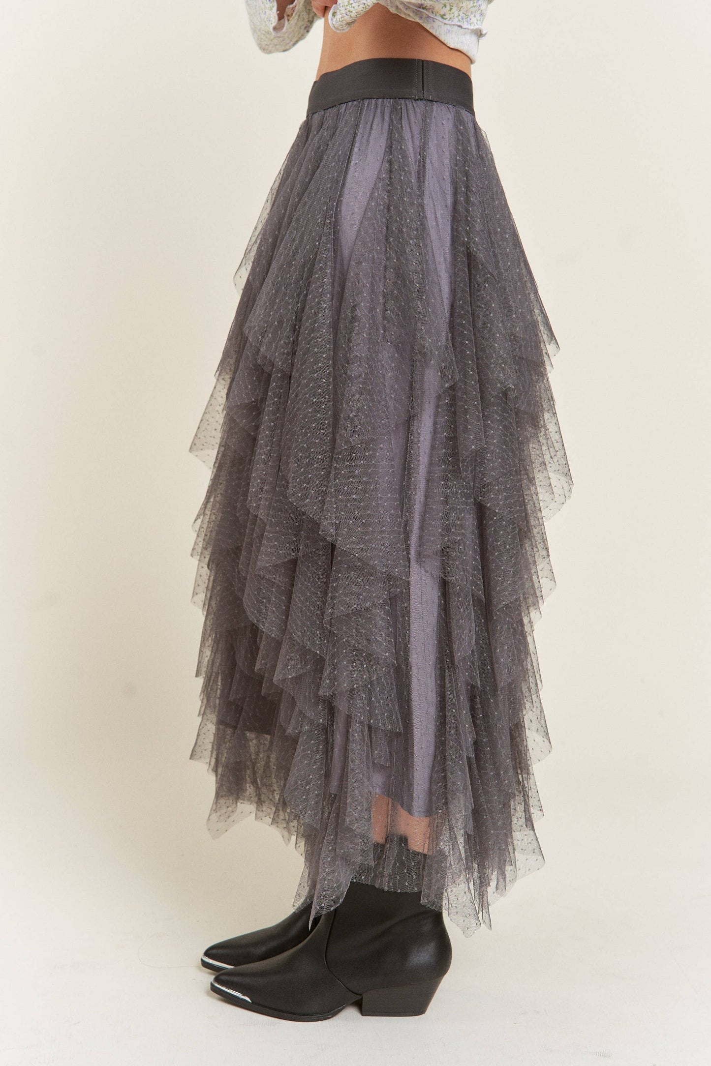 Layered Polka Dot Mesh Lined A-Line Midi Skirt JJB6007: ROSE