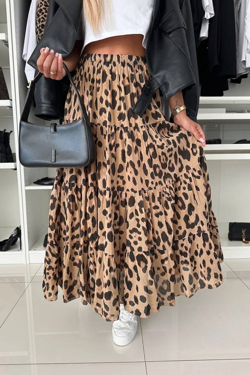 CWBLS0611_NEW AUTUMN LEOPARD PRINT SWING SKIRT: BLACKBROWN