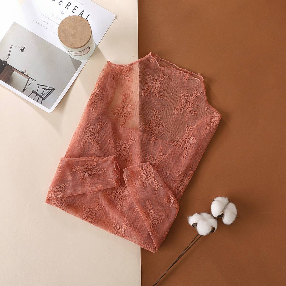 SEMI SHEER MESH LACE SEXY SLIM BOTTOMING SHIRT_CWTBLL2662: APRICOT