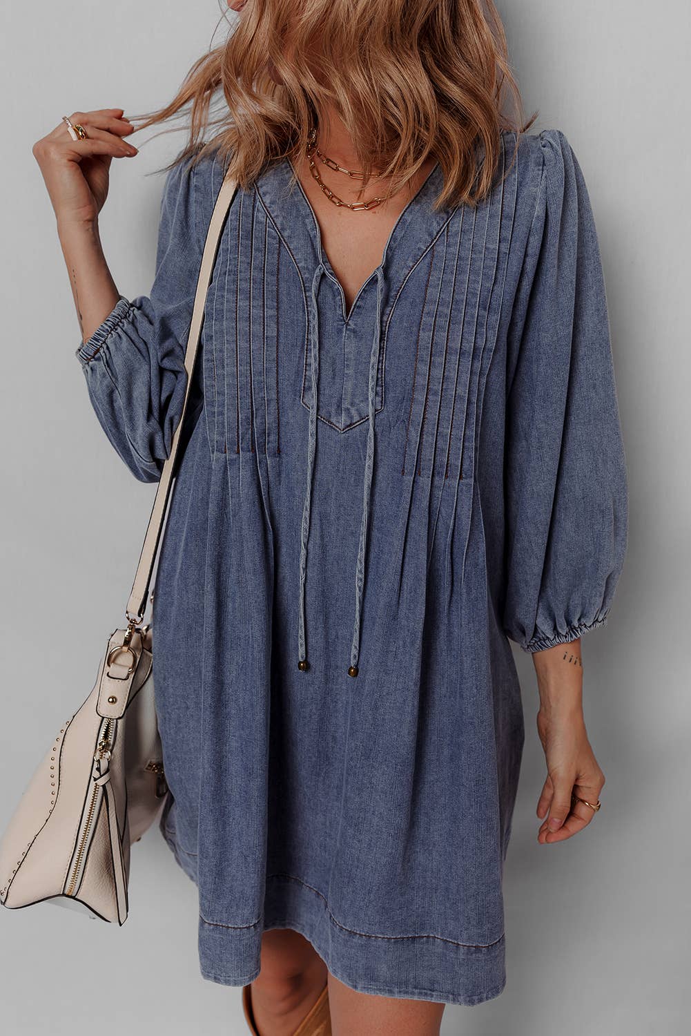 LDC 3/4 Sleeve Tied V Neck Pleated Denim Mini Dress: Sail Blue