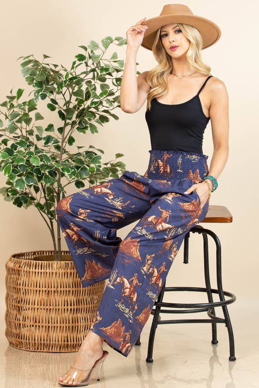 AV1243-WALLY WESTERN COWBOY DENIM PRINT WOVEN PANTS: Denim Blue / Contemporary