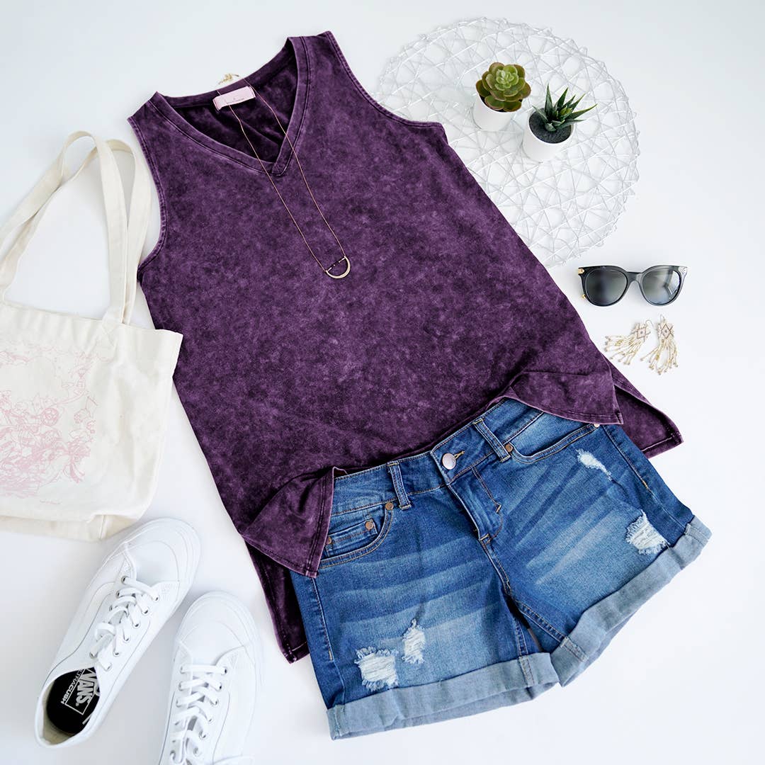 ....42POPS MINERAL WASH V-NECK TANK TOP: / CABERNET-111033