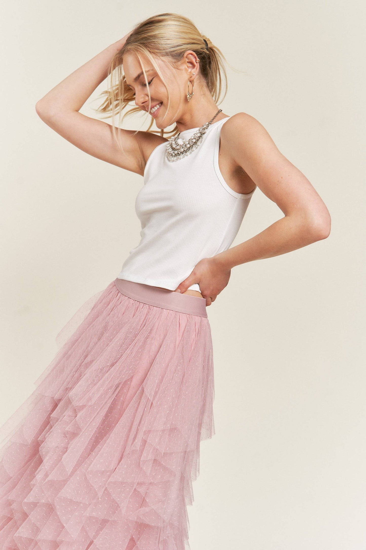 Layered Polka Dot Mesh Lined A-Line Midi Skirt JJB6007: ROSE