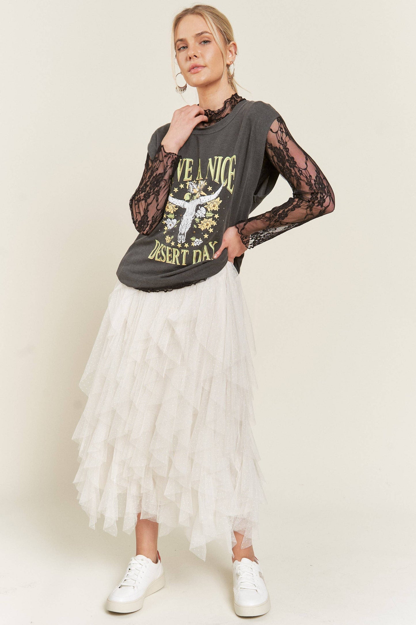 Layered Polka Dot Mesh Lined A-Line Midi Skirt JJB6007: ROSE