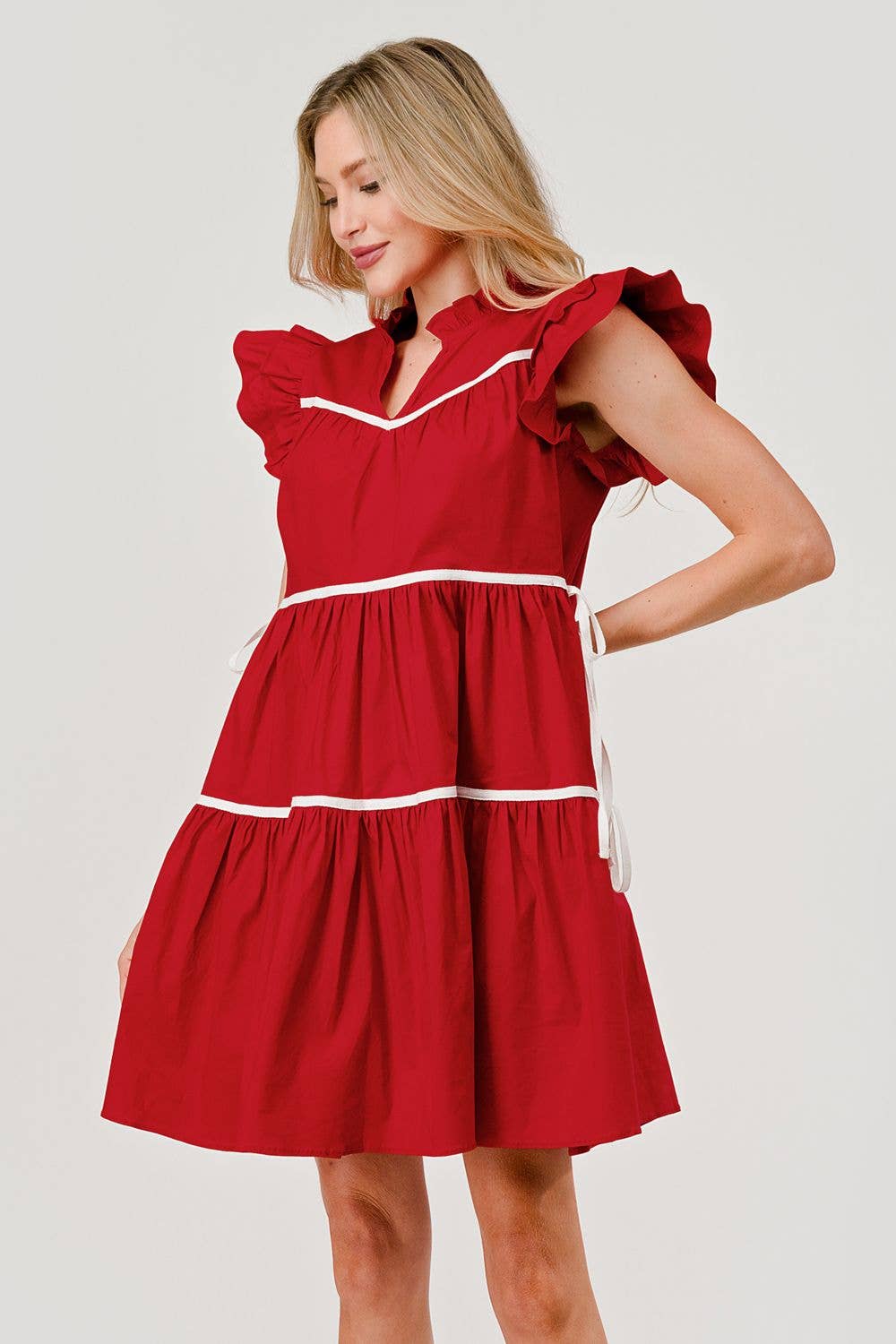 Ashby Tiered Contrast Piping Ruffle Poplin Dress in Ruby Red
