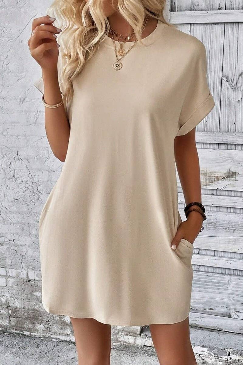 CWDSD3628_SOLID COLOR ROUND NECK LOOSE POCKET SHORT DRESS: Red