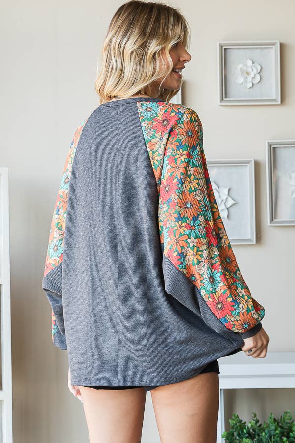 Western Oversized Fit Top with Dolman Floral Sleeves-HT12346: L / Charcoal