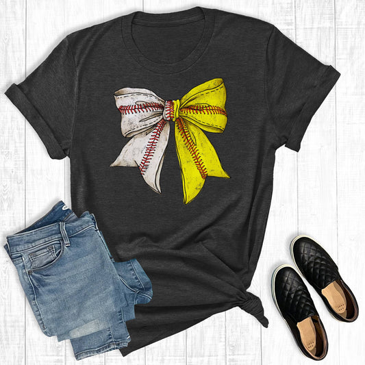 Game Day Baseball Softball Bow Graphic Tee: Charcoal