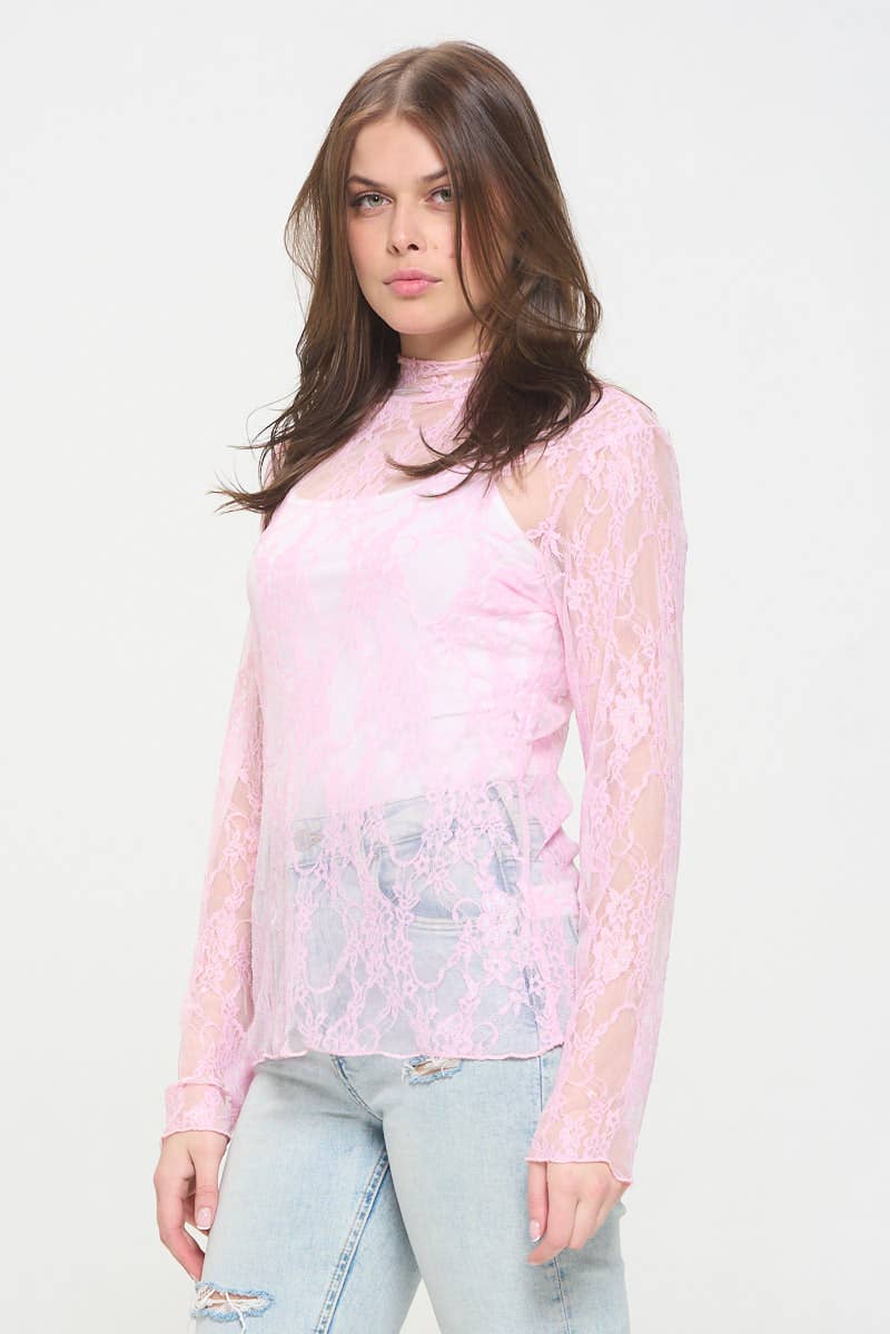 Floral print lace long sleeves top KRT1739 (Plus available): BLACK and White
