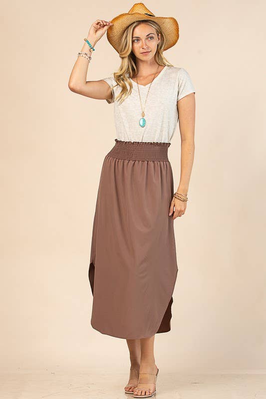 AV1213-MICHELLE ELASTIC BAND WAIST WOVEN MAXI SKIRT: Mocha / Contemporary