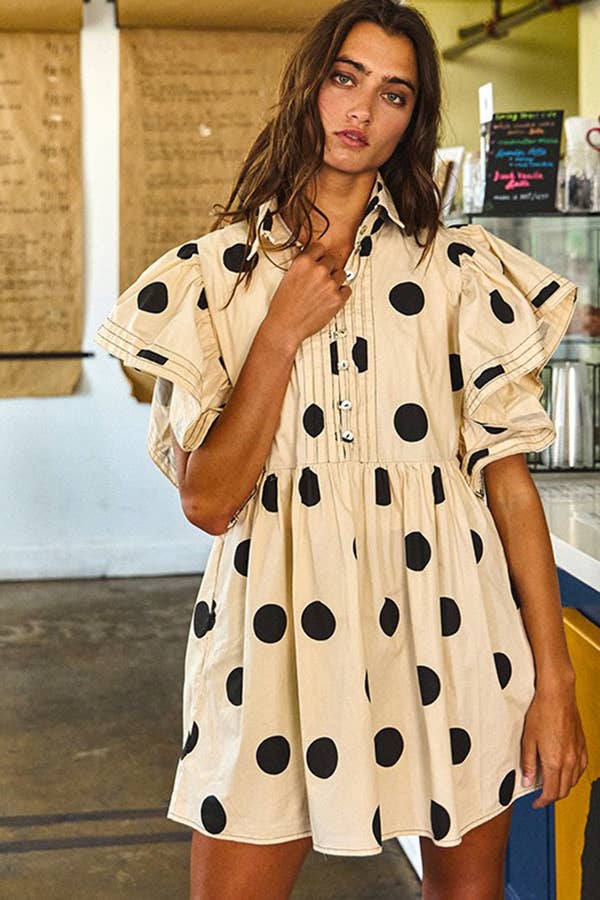 ID4283 Ruffle Sleeve Pintuck Detail Polka Dot Mini Dress: Taupe / S-M-L (2-2-2)