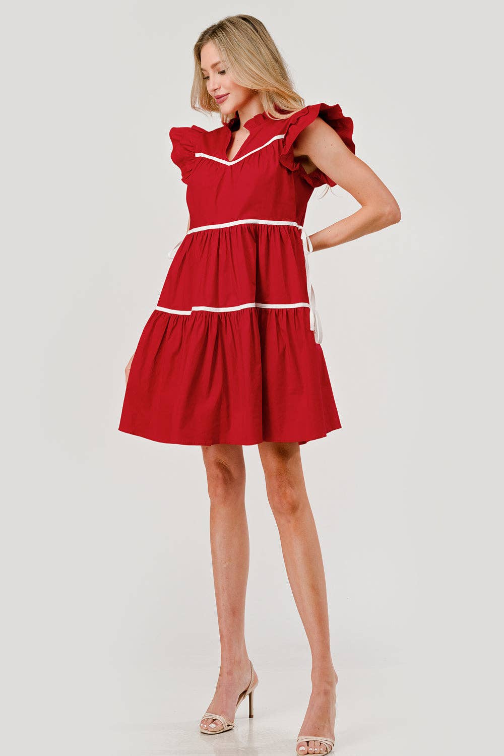 Ashby Tiered Contrast Piping Ruffle Poplin Dress in Ruby Red