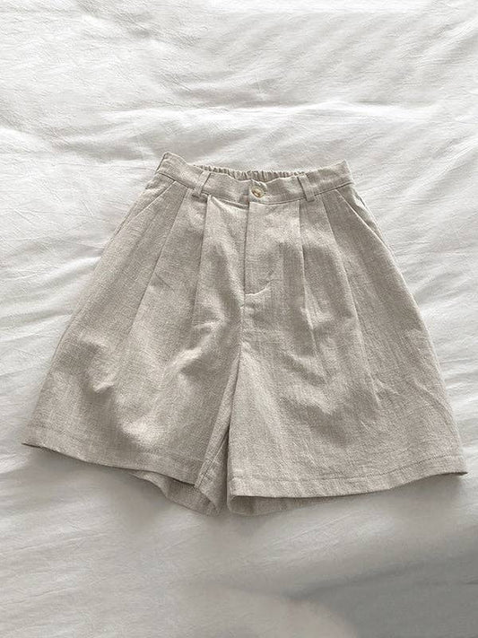 Loose Wide Leg Elasticity Pleated Solid Color Shorts: LINEN