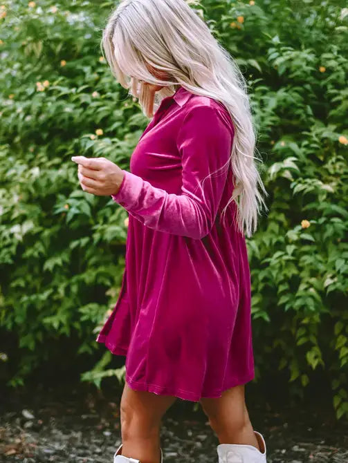 Solid Color Long Sleeve Ruffle Velvet Button Up Dress : Rose