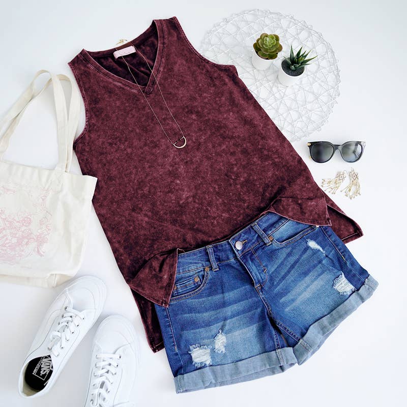 ....42POPS MINERAL WASH V-NECK TANK TOP: / CABERNET-111033