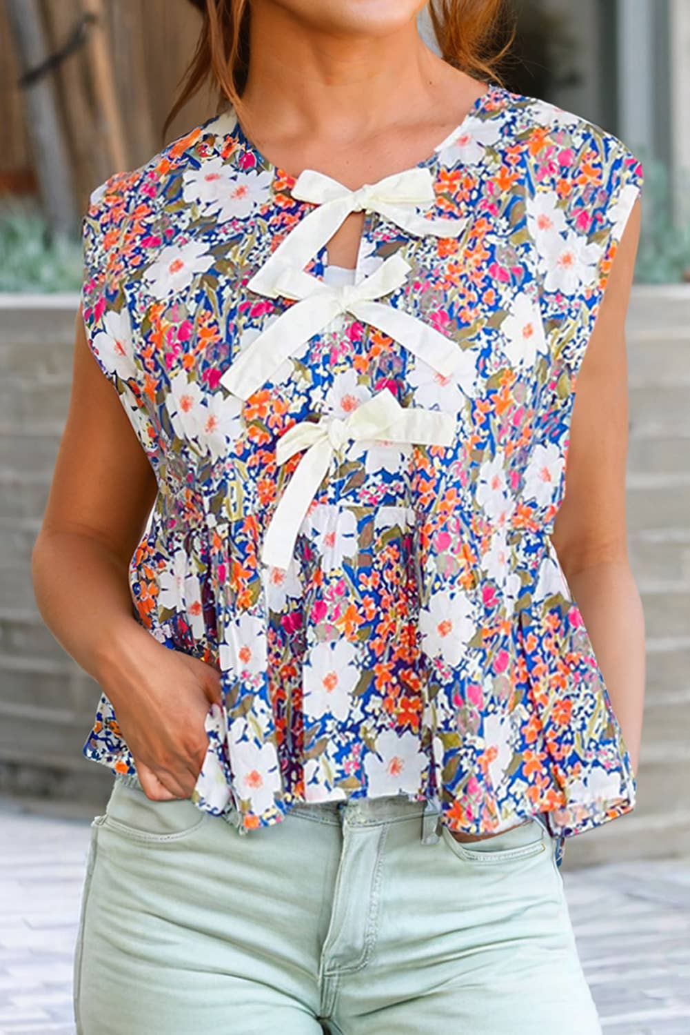 LDC Floral Bow Front Sleeveless Peplum Shirt: Dark Blue / XL