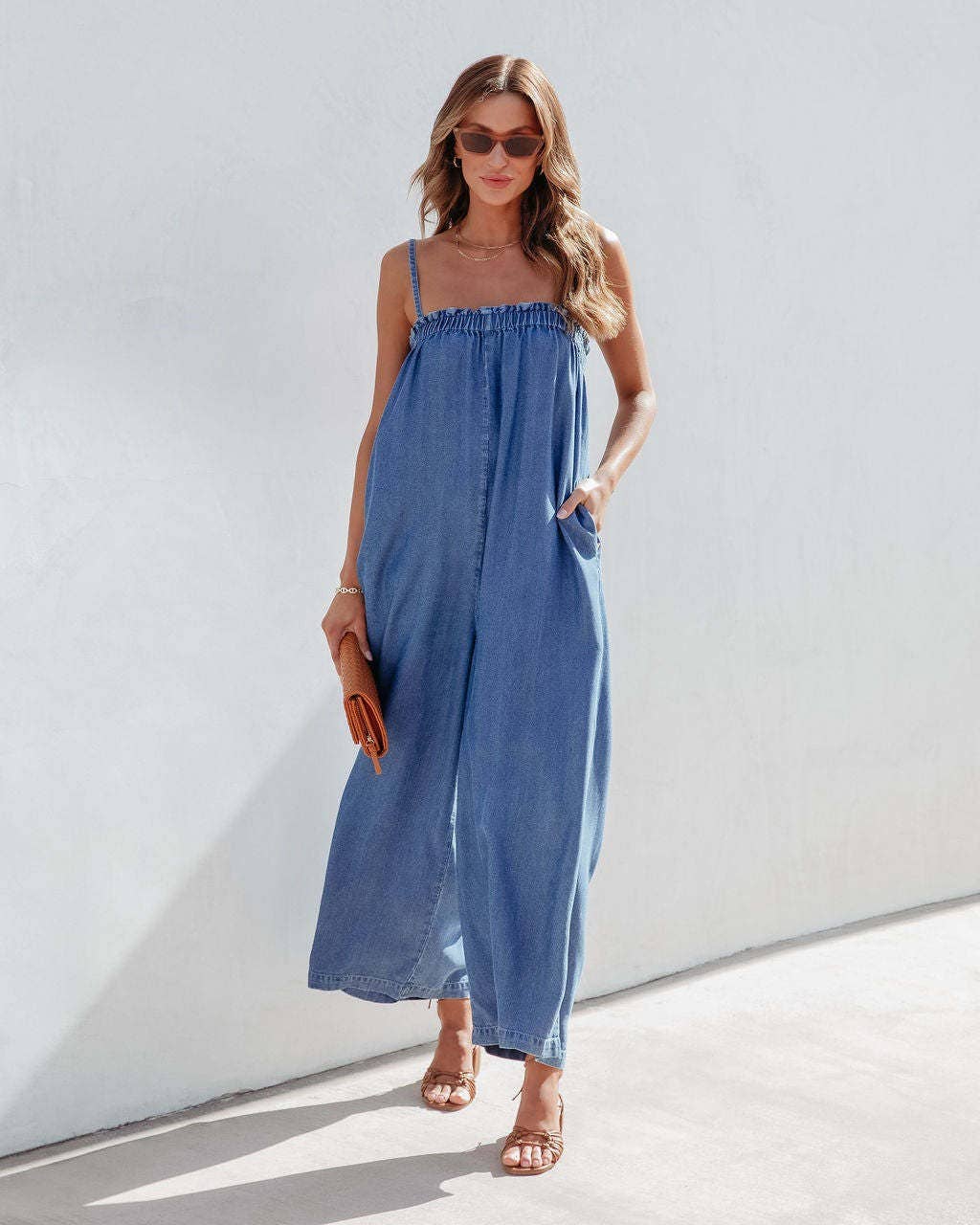 V-Neck Short Sleeve Loose Denim Set: Denim Blue