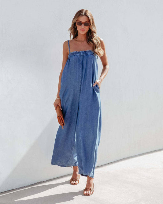 V-Neck Short Sleeve Loose Denim Set: Denim Blue