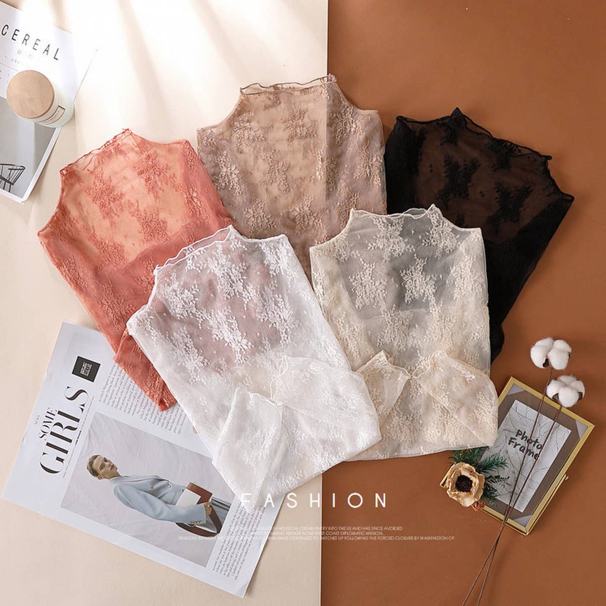 SEMI SHEER MESH LACE SEXY SLIM BOTTOMING SHIRT_CWTBLL2662: APRICOT
