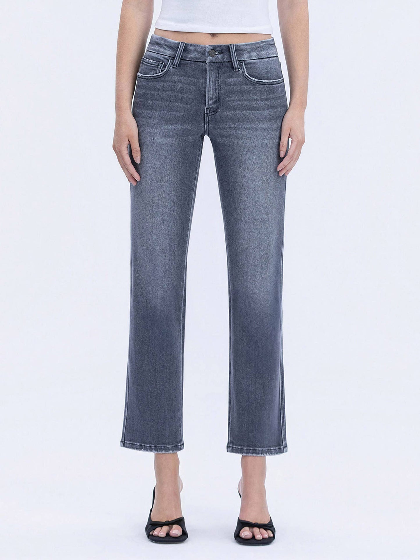 MID RISE SEAMLESS WB GREY ANKLE STRAIGHT JEANS T7119GRY: GREY