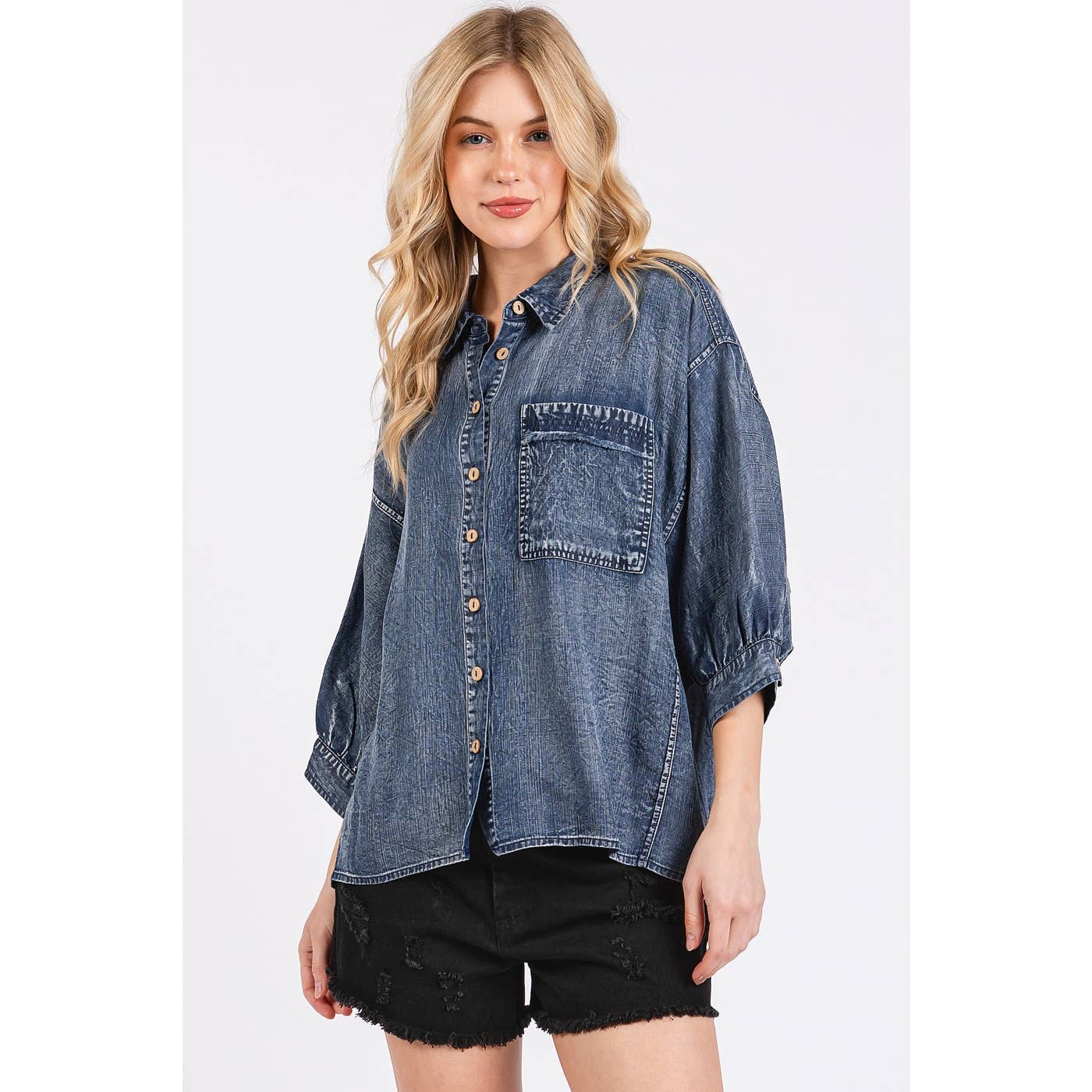 WASHED TENCEL CHAMBRAY DOLMAN SLEEVE SHIRT: DK DENIM / S-M-L(2-2-2)