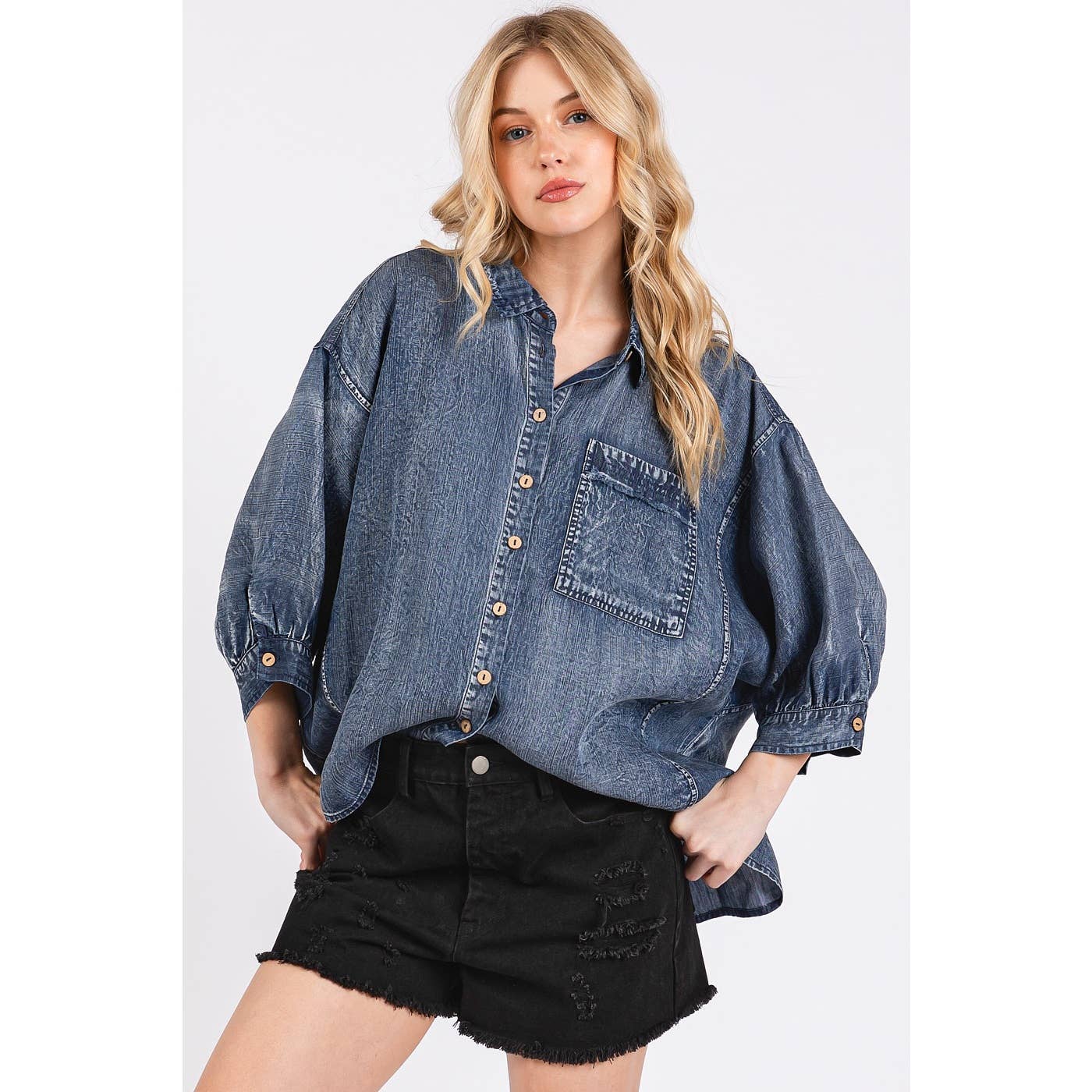 WASHED TENCEL CHAMBRAY DOLMAN SLEEVE SHIRT: DK DENIM / S-M-L(2-2-2)