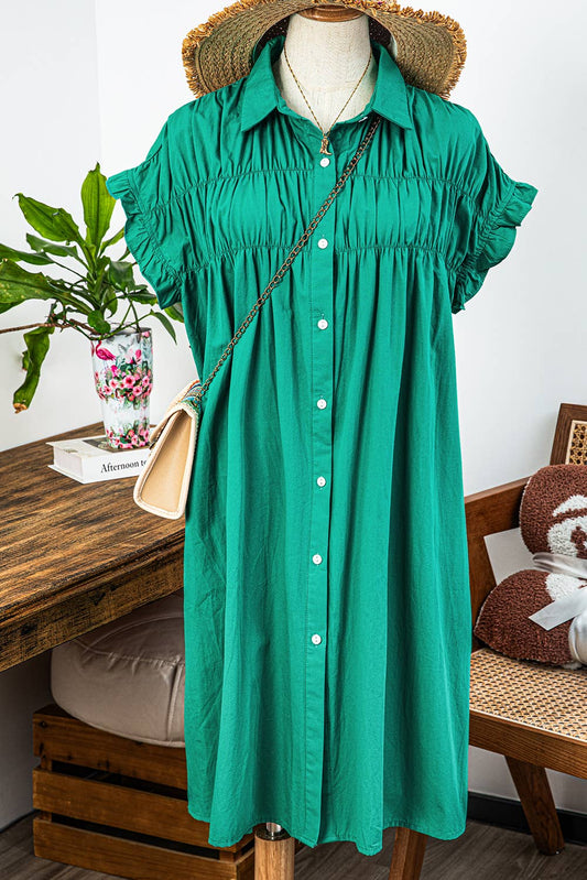 Fashion-W Shirred Ruffle Sleeve Button Up Short Dress