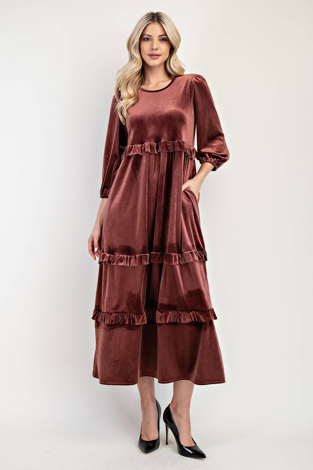 ELEGANT VELVET TIERED MODEST DRESS -MD33897: Purple