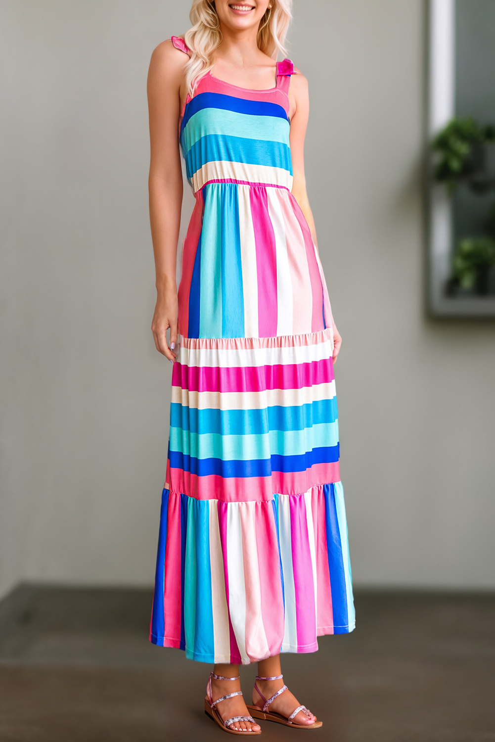 Women Color Block Striped Bow Tie Straps Maxi Dress | S-XL: