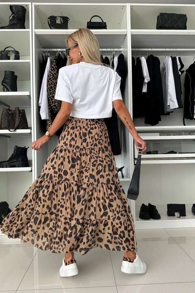 CWBLS0611_NEW AUTUMN LEOPARD PRINT SWING SKIRT: BLACKBROWN