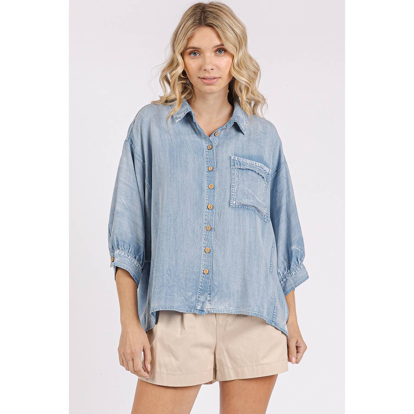 WASHED TENCEL CHAMBRAY DOLMAN SLEEVE SHIRT: DK DENIM / S-M-L(2-2-2)