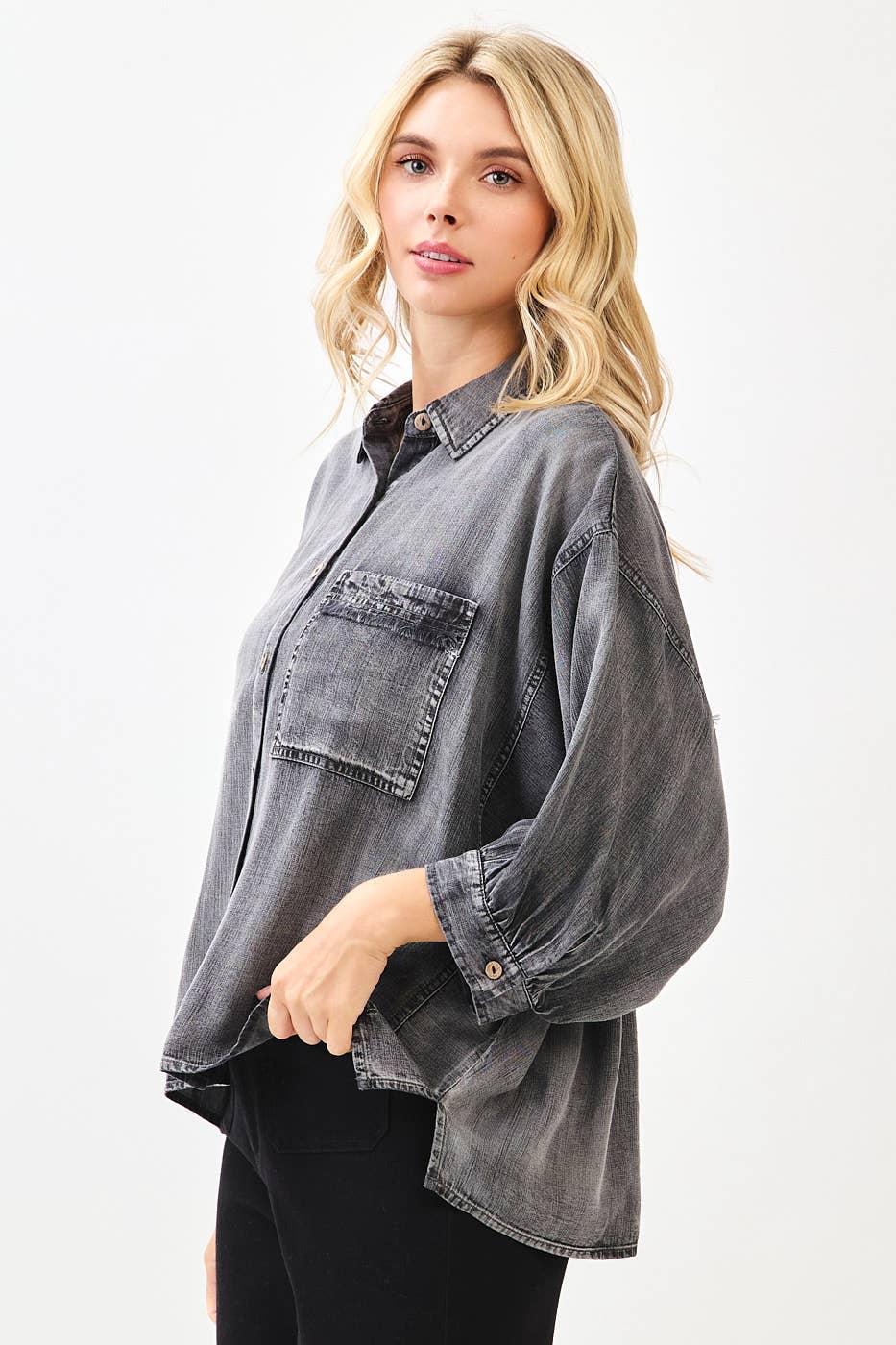 WASHED TENCEL CHAMBRAY DOLMAN SLEEVE SHIRT: DK DENIM / S-M-L(2-2-2)