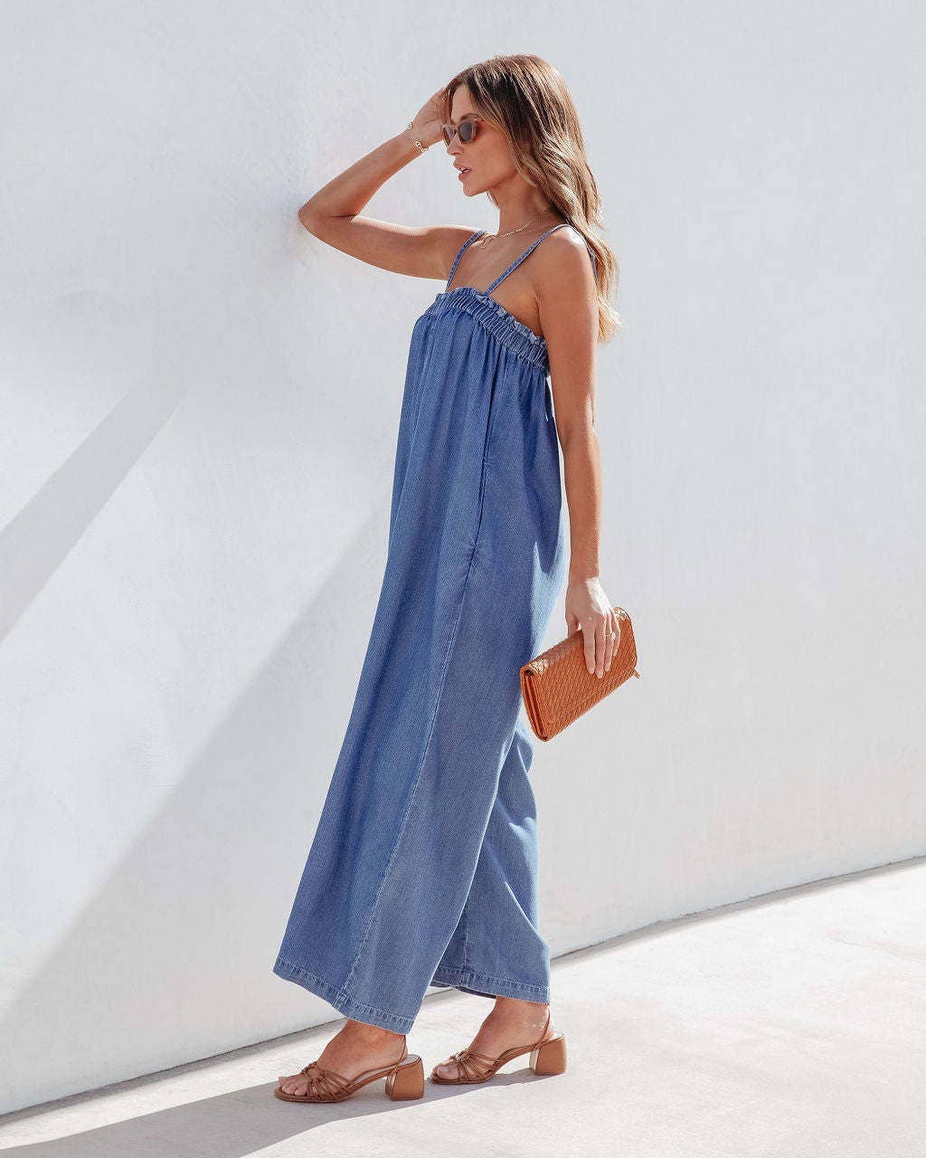 V-Neck Short Sleeve Loose Denim Set: Denim Blue