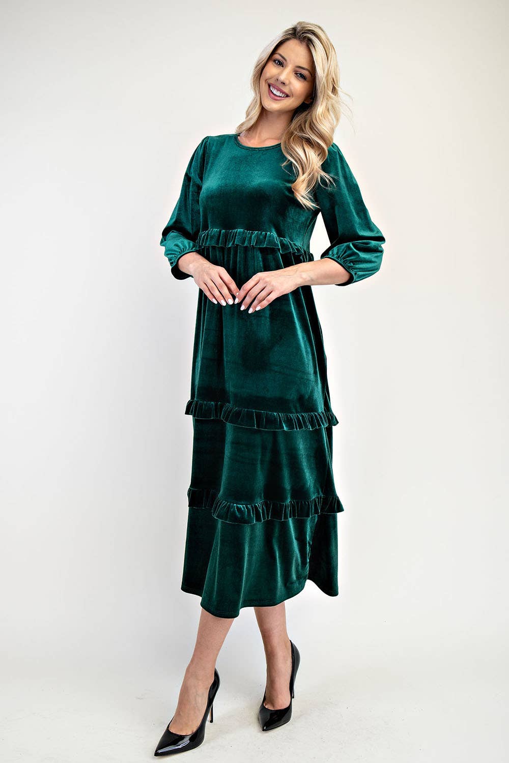 ELEGANT VELVET TIERED MODEST DRESS -MD33897: Purple