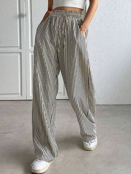 Loose Drawstring Elasticity Pockets Split-Joint Striped Pants Trousers: BLACK