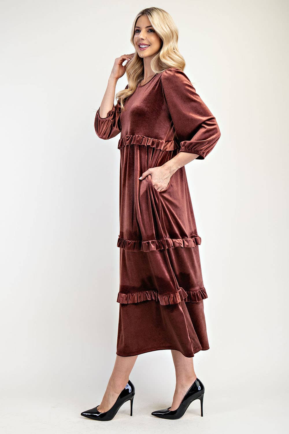ELEGANT VELVET TIERED MODEST DRESS -MD33897: Purple