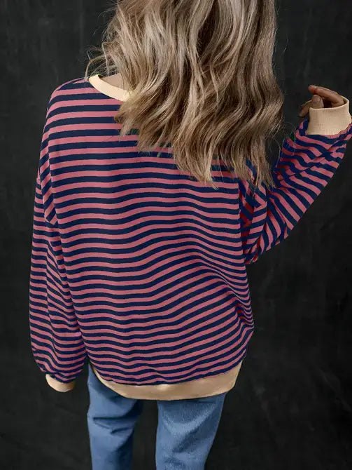 Trendy Oversized Striped Sweatshirt with Bold Trim: Red Stripe