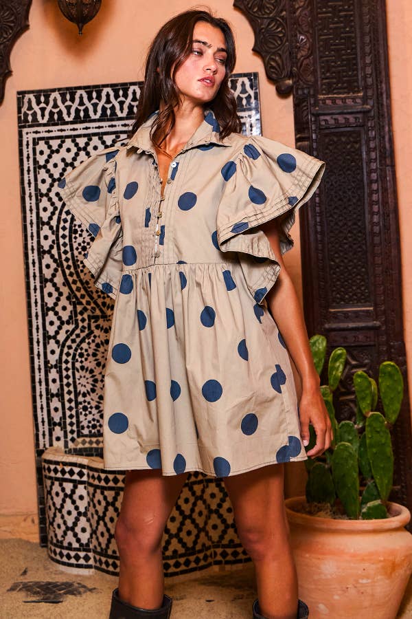 ID4283 Ruffle Sleeve Pintuck Detail Polka Dot Mini Dress: Taupe / S-M-L (2-2-2)