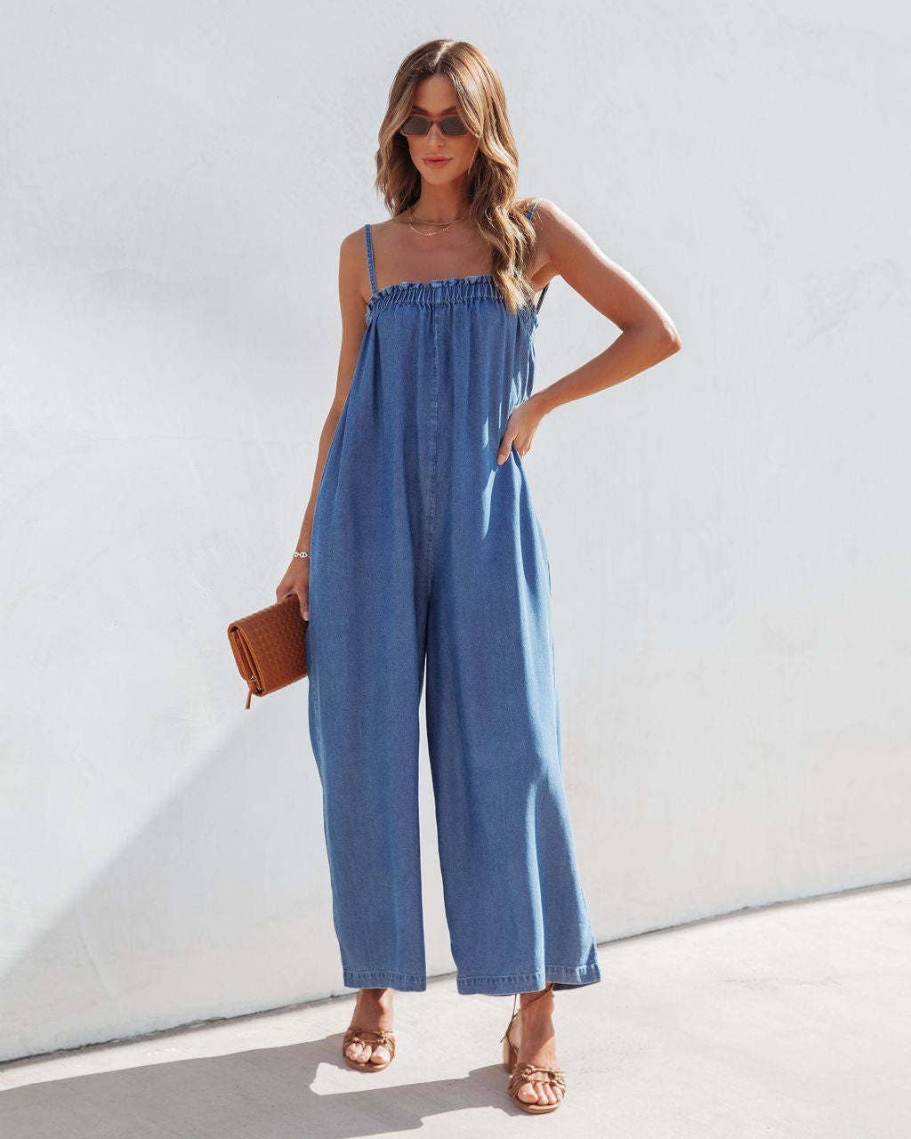 V-Neck Short Sleeve Loose Denim Set: Denim Blue