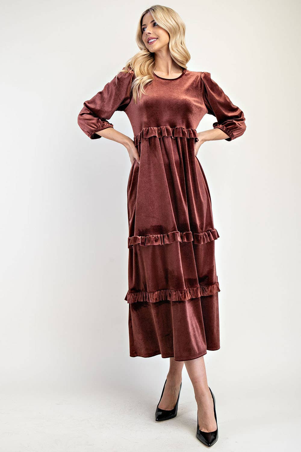 ELEGANT VELVET TIERED MODEST DRESS -MD33897: Purple