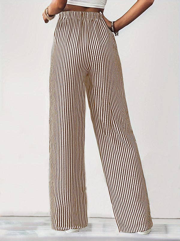Loose Drawstring Elasticity Pockets Split-Joint Striped Pants Trousers: BLACK