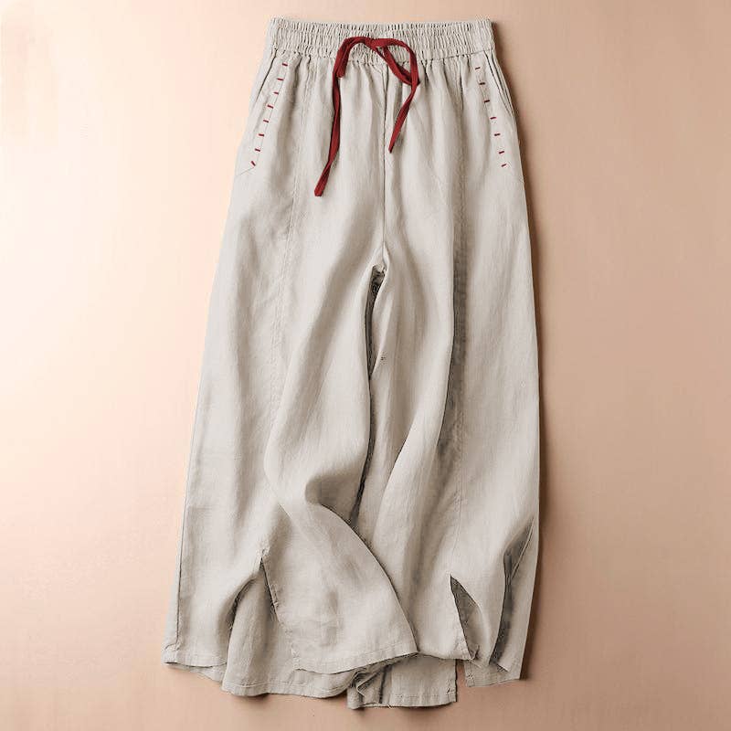 Comfy Daily Elastic Waist Drawstring Wide Leg Pants: Beige