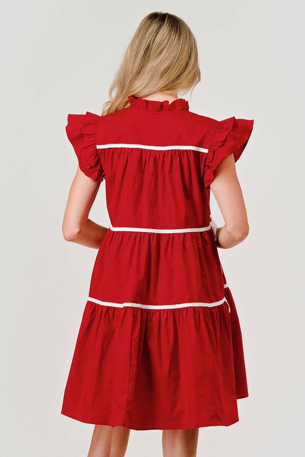 Ashby Tiered Contrast Piping Ruffle Poplin Dress in Ruby Red