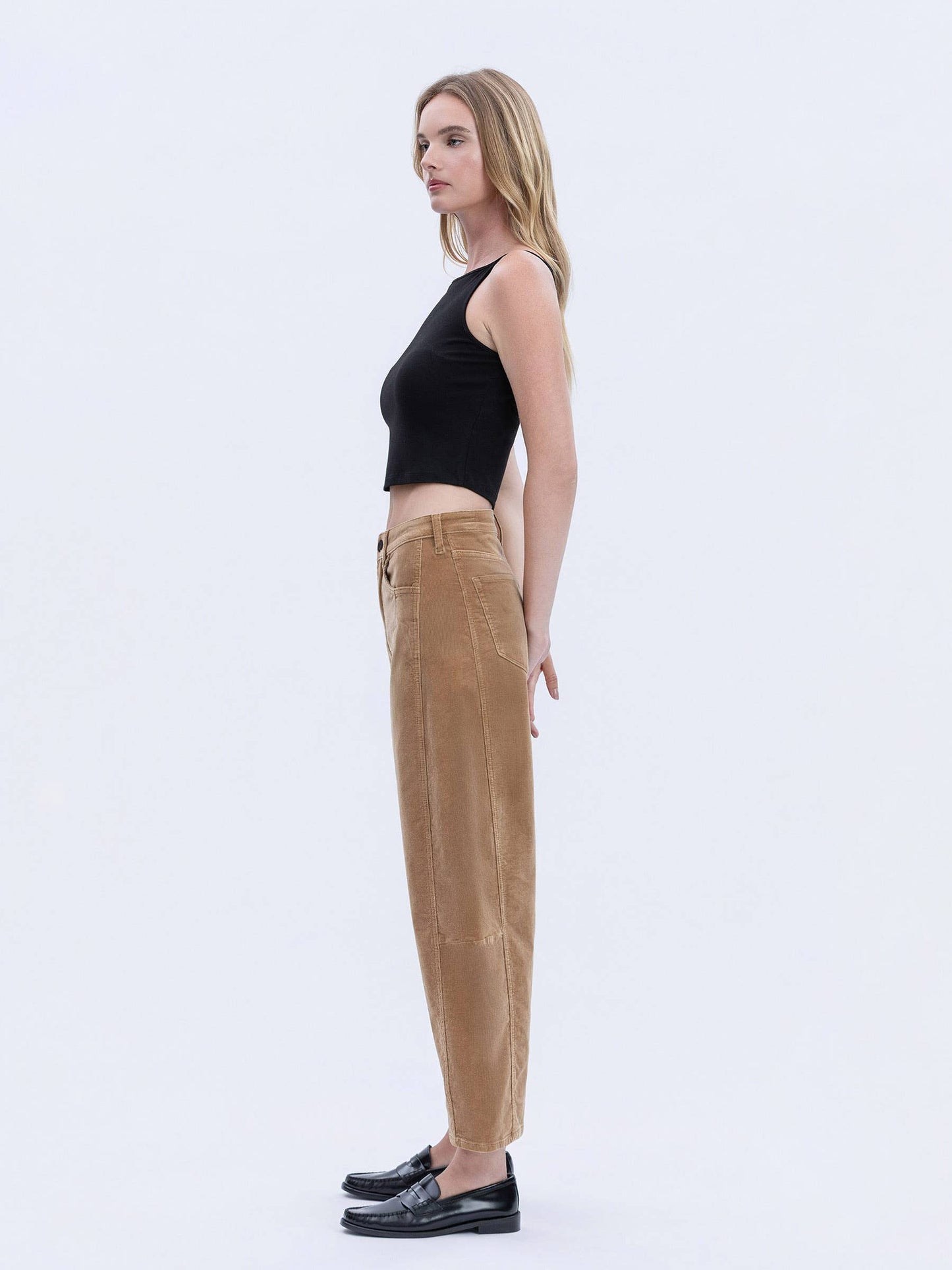HIGH RISE SEAM DETAIL CORDUROY BARREL JEANS V3699CKK: KHAKI